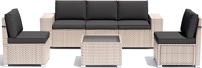 6 Pieces Patio Furniture Set, Outdoor Sectional Wicker Sofa with Thickened Cushions and Coffee Table, High Back Rattan Patio Conversation Sets for Garden Backyard, Black