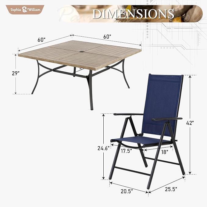 Sophia & William Patio Dining Set for 8, 8 Person Outdoor Dining Table Set Large Square Metal Patio Table and 8 Foldable Textilene Patio Chairs, Blue, 1.57"-1.9" Adjustable Umbrella Hole