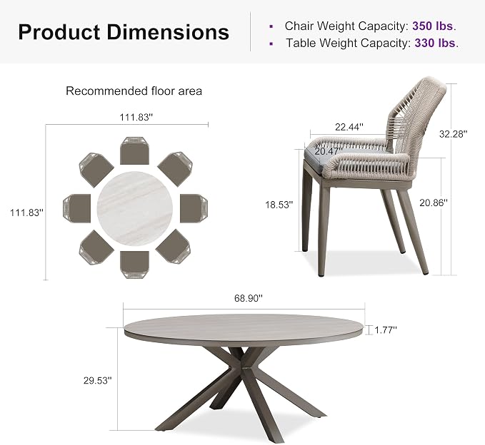 PURPLE LEAF 9 Pieces Round Dining Set Patio Aluminum Modern Round Table and Wicker Chairs with Cushions for Kitchen Backyard Garden Outdoor Furniture Sets, Light Grey