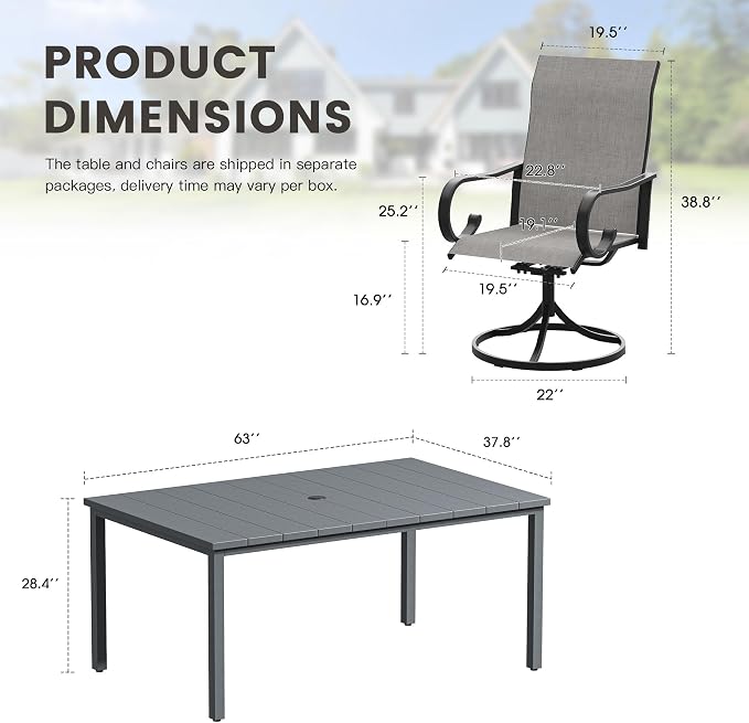 7 Pieces Patio Dining Set, 6 Outdoor Swivel Dining Chairs with 63" Rectangle Metal Outdoor Dining Table with Umbrella Hole for Garden Backyard Deck, Grey & Dark Grey