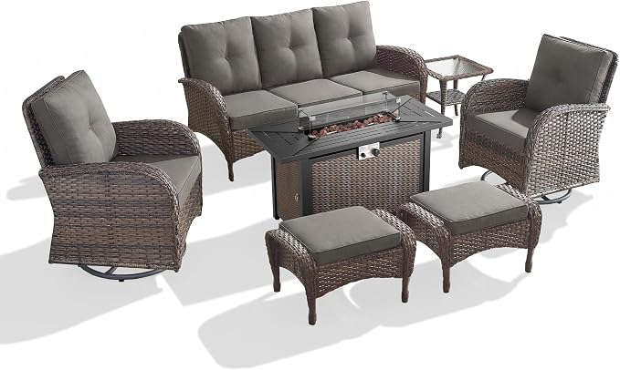 7 Piece Patio Furniture Set with Fire Pit Table - Wicker Patio Conversation Set with Swivel Glider, 3 Seat Sofa, Side Table and 2 Ottomans for Deck Backyard - Brown Wicker Grey Cushion