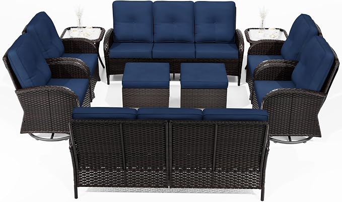 Joyside Wicker Patio Furniture Set, 10 Piece Outdoor Furniture Set with Thickened Cushions, High Back, Deep Seating, Wide Armrest, Outdoor Swivel Rocker Chairs for Porch, Deck