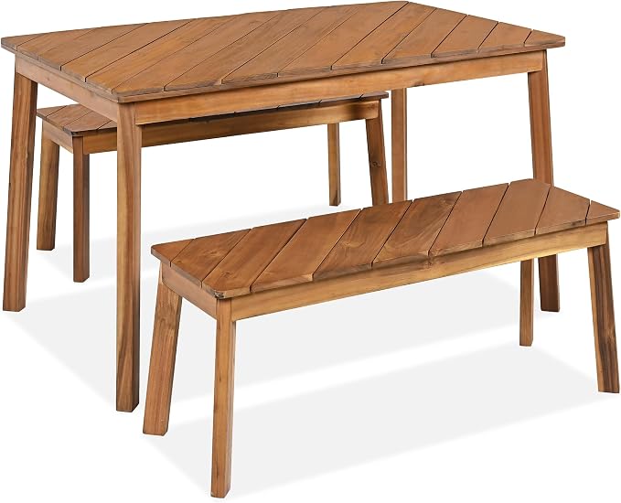Merax Outdoor Dining Set for 4-6, 3PCS Patio Table and Bench Set, 2 Acacia Wood Diagonal Grain Patio Benches and Rectangular Dining Table, Outdoor Furniture Set for Patio, Garden, Natural