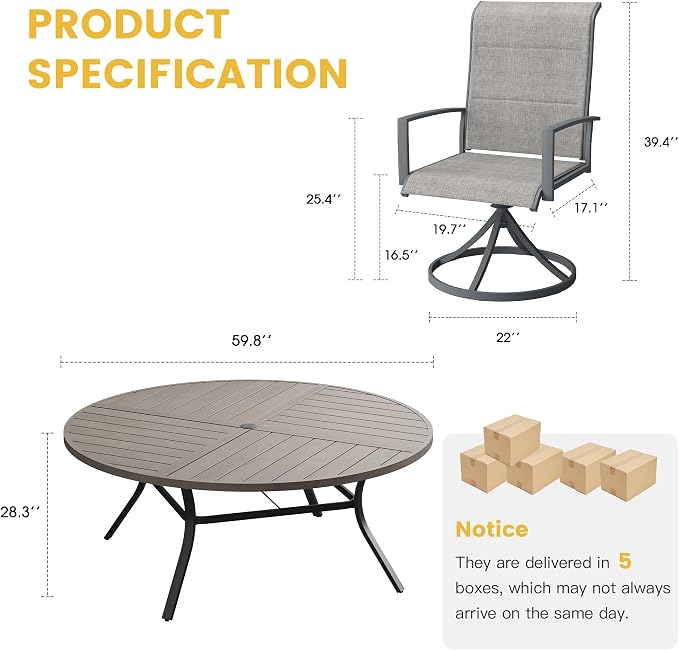 VICLLAX Patio Dining Set for 8, 8 Seats Outdoor Furniture Includes 59.9" Round Patio Table and Swivel Padded Chairs, Grey Wood Grain Tabletop and Grey Fabric