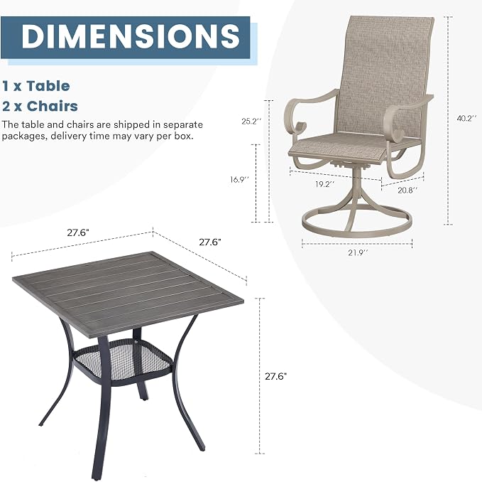 DIFY 3 Pieces Outdoor Patio Dining Set for 2, 27.6" Small Grey Wood-Like Square Metal Dining Table and 2 Sandshell Swivel Patio Dining Chairs, Outdoor Table and Chairs for Backyard Porch Poolside