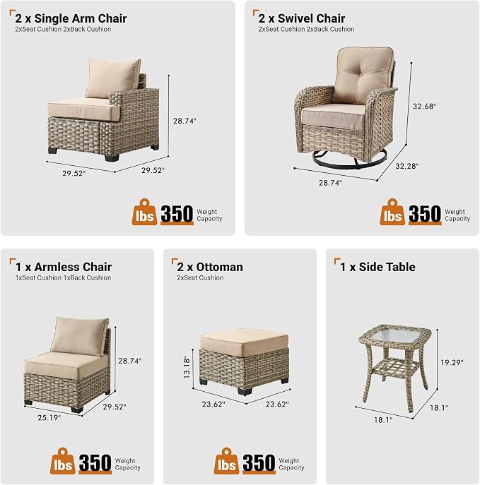 ovios 8 Piece Patio Sectional Furniture with Swivel Rocking Chairs, Rattan Wicker Coversation Couch Set, Outdoor Sofa Set for Outside Porch Balcony Backyard Pool, Beige
