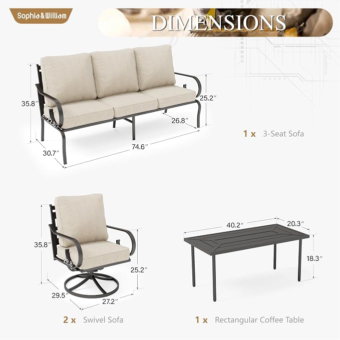 Sophia & William Patio Conversation Set for 7, 3-Seater Sofa, 4 Swivel Chairs and a Coffee Table, Metal Outdoor Furniture with 5.75" Extra Thick Cushions, Beige