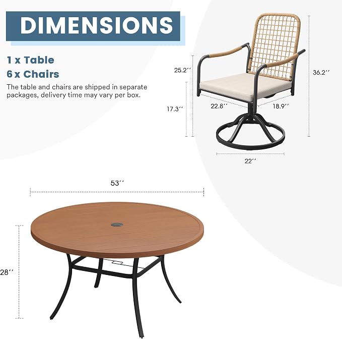 DIFY 7 Pieces Outdoor Dining Set for 6, 53" Round Dining Table with Umbrella Hole & Wicker Swivel Patio Chairs with Cushions, Metal Patio Table and Chairs Set for Backyard Porch Garden, Walnut