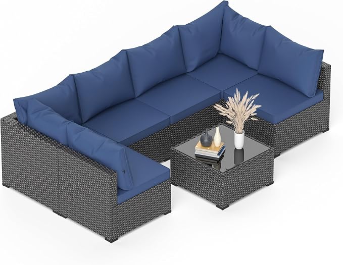 Patio Furniture Set, 7PCS Outdoor Sectional PE Rattan Patio Conversation Set w/Thickened Cushion Patio Sectional Modular Wicker Patio Sofa Set w/Coffee Table for Balcony, Backyard(Blue)
