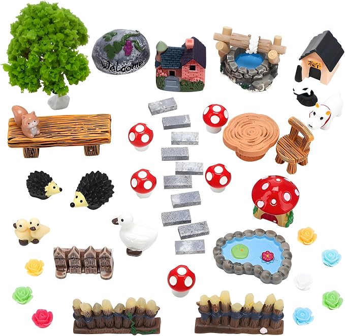45 Pcs Fairy Garden Accessories Miniatures Garden Kit with Animals, Mushroom House & Trees Miniature Accessories for Terrarium, Dollhouse & Outdoor Decor