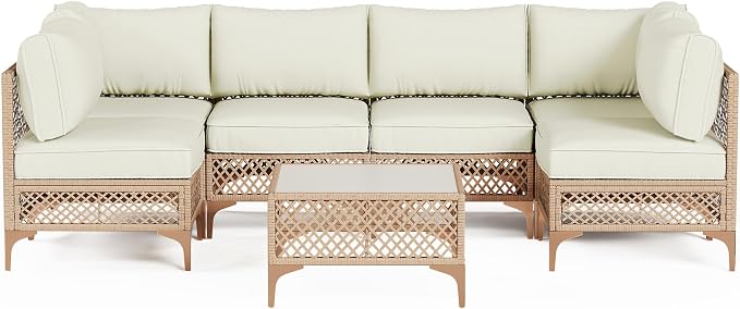 7-Piece Generous Patio Furniture Set, Wicker Outdoor Sectional Set with Large Tempered Glass Coffee Table, Boho Patio Conversation Couch Set with Thickened and Enlarged Cushion and Throw Cushion