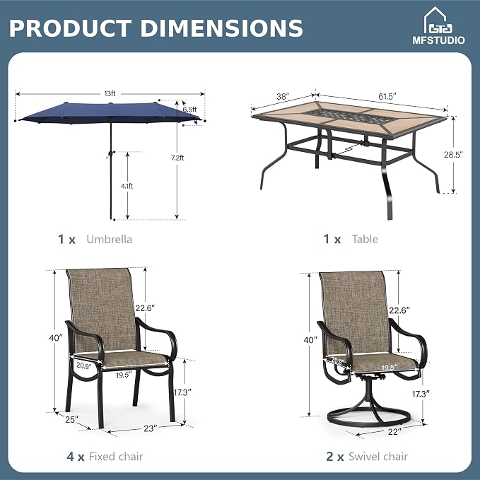 MFSTUDIO Outdoor Dining Set with Umbrella, Patio Dining Set for 6 Persons, Patio Furniture Set with 1 Rectangular Table Fixed Chairs 2 Swivel Chairs & Navy Blue Umbrella (Base not Included)