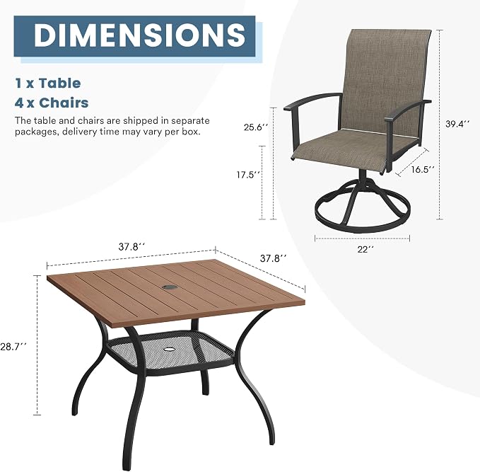DIFY 5 Pieces Outdoor Dining Set, Metal Patio Table and Chairs Set for 4 with Umbrella Hole, 37.8" Walnut Square Table and Brown Textilene Swivel Patio Chairs for Garden, Backyard, Poolside