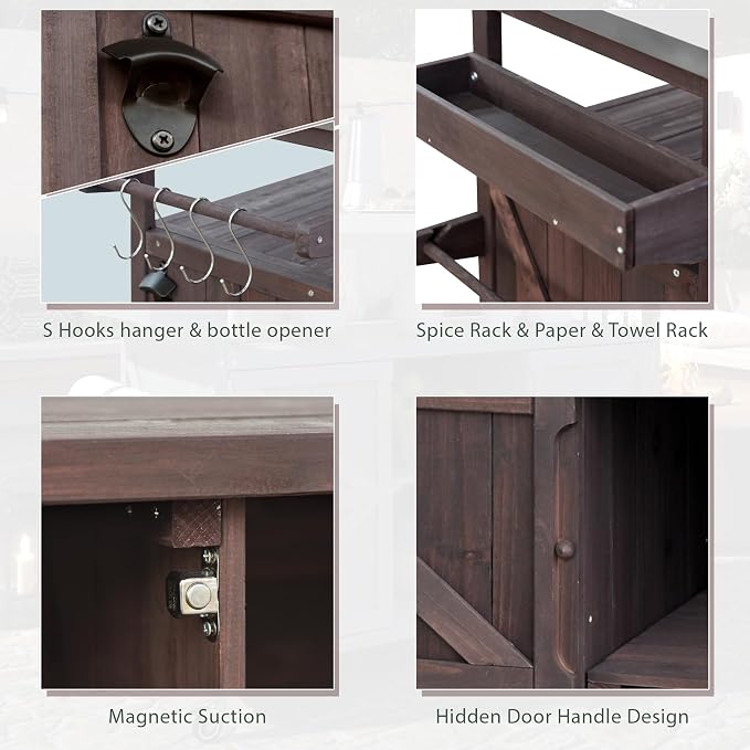 Outdoor Deck Box Storage Cabinet with Stainless Steel Countertop, 50 Inch Solid Wood Patio Storage Box on Wheels for Garden Tools, Grill Prep, and Pool Accessories, Dark Brown