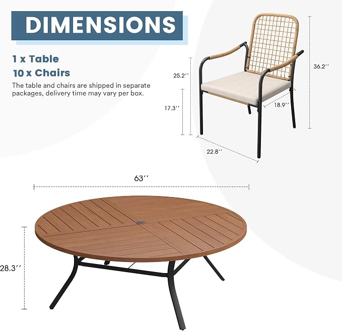DIFY 11 Pieces Outdoor Dining Set, Metal Patio Table and Chairs Set for 10, 63" Round Dining Table with Umbrella Hole & Wicker Stackable Patio Chairs with Cushions, Walnut Tabletop