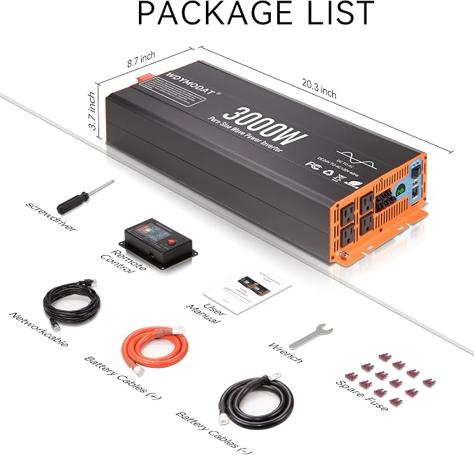 3000W Pure Sine Wave Inverter,24V DC to 120V AC Car Power Inverter 6000W Peak with 4 AC Outlets, 3.0A USB and Type-C, LCD Display 16.5 ft Remote Control for RV Truck Travel Solar Emergency