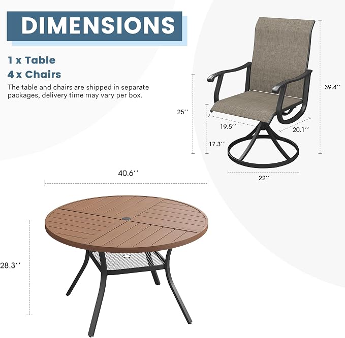 DIFY Patio Table and Chairs Set for 4, 5 Piece Outdoor Dining Set, 40.6" Walnut Round Metal Dining Table with Umbrella Hole and 4 Brown Textilene Swivel Patio Chairs, for Garden Backyard Deck