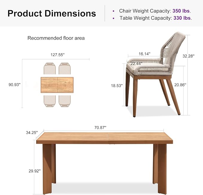 PURPLE LEAF 5 Pieces Dining Set Patio Metal Rectangular Table and Wicker Rattan Chairs for Outside Porch Garden Kitchen Modern Outdoor Furniture Sets