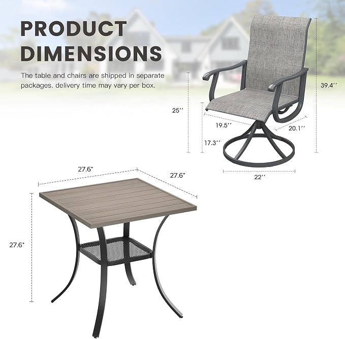Outdoor Dining Set for 2, 28" Metal Square Outdoor Dining Table and Sling Patio Swivel Chairs, 3 Pieces Patio Table and Chairs Set for Garden Backyard, Grey