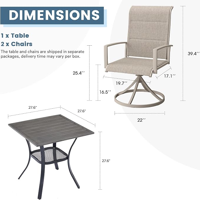 DIFY 3 Piece Outdoor Dining Set for 2, Patio Furniture Set with Padded Textilene Swivel Patio Chairs and 27.6" Small Square Metal Dining Table, Sandshell Fabric & Grey Wood-Like Tabletop