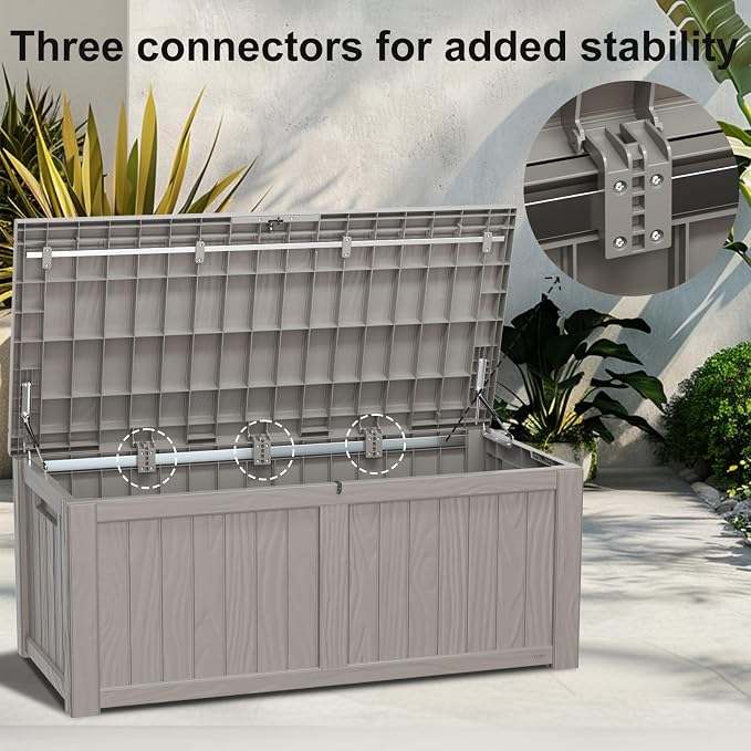 Vixzen 121 Gallon Resin Deck Box, Lockable Outdoor Storage Box for Patio Cushions Storage Furniture,Garden Tools, Pool Supplies, Weatherproof and UV Resistant- Grey