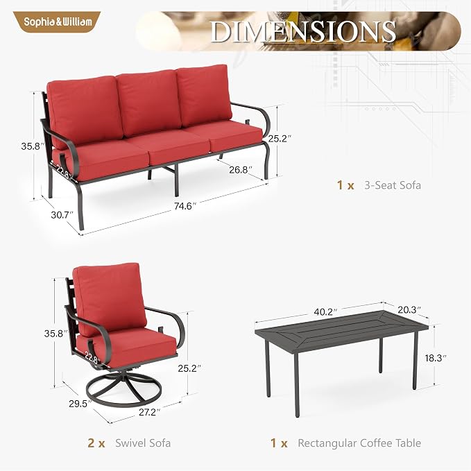 Sophia & William Patio Conversation Set for 7, 3-Seater Sofa, 4 Swivel Chairs and a Coffee Table, Metal Outdoor Furniture with 5.75" Extra Thick Cushions, Red