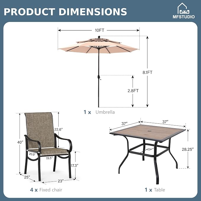 MFSTUDIO Patio Dining Set with Umbrella, Outdoor Dining Set for 4 Persons, Patio Furniture Set with Square Table & Textilene Chairs & Navy Blue Umbrella (Base not Included)