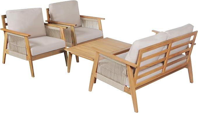 Merax Outdoor 4-Piece Acacia Wood & Rope Sectional Patio Set, Loveseat, Chair & Table with Water-Repellent Cushions