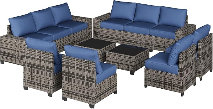 Aoxun Patio Furniture Set, 12 Pcs Outdoor Patio Furniture Sets with 4 in Thicken Cushion and Coffee Table, Widen Armrests Wicker Outdoor Sectional for Backyard & Garden, Navy Blue