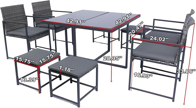 LUMISOL 9 Piece Outdoor Patio Dining Set with Glass Top Table,Patio Furniture Sets with Cushion,All Weather Sectional Conversation Set,Space Saving Patio Set for 8,Backyard,Beach