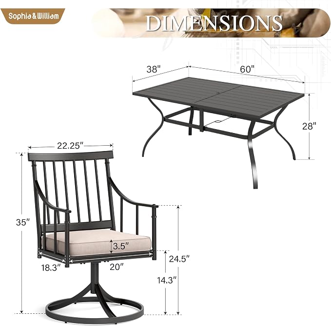 Sophia and William Patio Dining Set, for 6, Swivel Chairs | E-Coated and Steel, Rectangle Table, Swivel Chirs, Umbrella Hole, Weather-Resistant, Easy to Clean