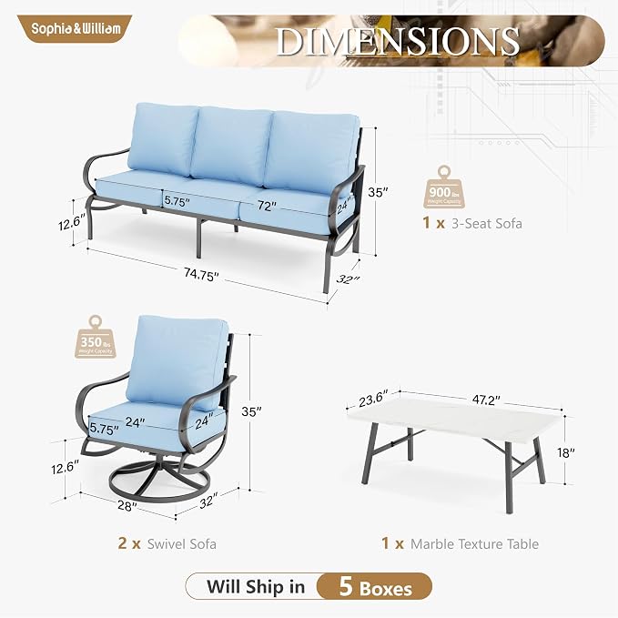 Sophia & William Patio Furniture Sets 5 Seats Outdoor Metal Conversation Sets 4 Pcs with 2 x Cushioned Swivel Sofa Chairs,1 x 3-Seat Sofa, 1x Marbling Metal Coffee Table Lawn Backyard Poolside Blue