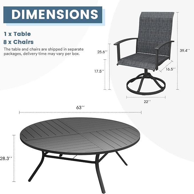 DIFY 9 Pieces Outdoor Dining Set, Metal Patio Table and Chairs Set for 8 with Umbrella Hole, 63" Black Round Table and Dark Grey Textilene Swivel Patio Chairs for Garden, Backyard, Poolside