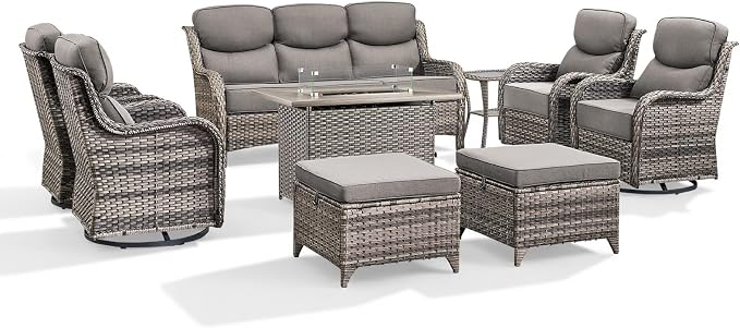 Luxury Patio Furniture Set with 6-inch Thick Cushion, Outdoor Furniture with Fire Pit Table, Swivel Chairs, Sofa, Side Table, Ottomans, 9pcs Wicker Conversation Set(Grey Wicker/Grey Cushion)