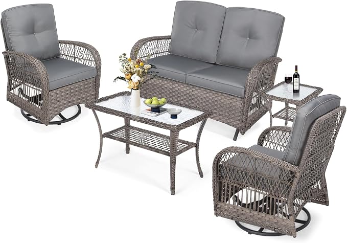MEETWARM 5 Pieces Outdoor Patio Rattan Furniture Sets, All Weather Patio Wicker Conversation Set - 2 Rocking Swivel Chairs 1 Rattan Loveseat Glider w/Cushions, 2 Glass-Top Coffee Table, Gray