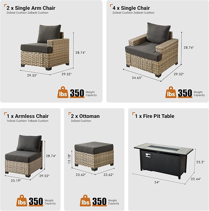 ovios 10 Piece Patio Sectional Furniture with 42in Fire Pit Table, Rattan Wicker Coversation Setwith Single Chairs, Outdoor Sofa Set for Outside Porch Balcony Backyard Pool, Black