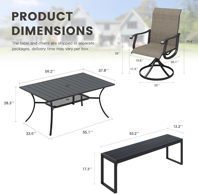 6 Pieces Outdoor Dining Set, Patio Table and Chairs Set with 53" Garden Bench for 6-7 People, 59.2" Outdoor Dining Table and Swivel Patio Chairs for Deck Backyard, Mixed Brown and Black
