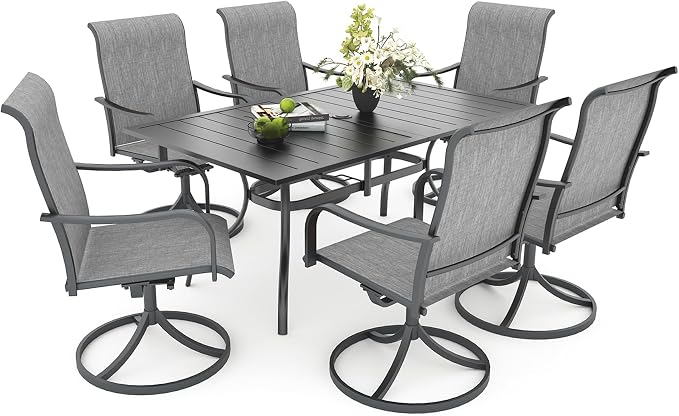Anmutig 7-Piece Outdoor Dining Set, 63"x38" Patio Table with Dual Umbrella Holes & 6 Swivel Textilene Chairs, Weather-Resistant Furniture for Backyard, Deck, Garden, Grey