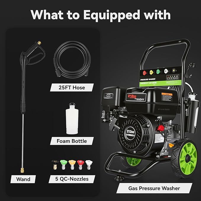 Professional 4200PSI 4GPM 212CC Gas Pressure Washer, 7.0HP Commercial Gas Power Washer with 1L Foam Bottle 8" Wheels 5 Nozzles 25FT Hose for Cleaning for Home Car Yard (EPA/CARB/ETL Compliant), Black
