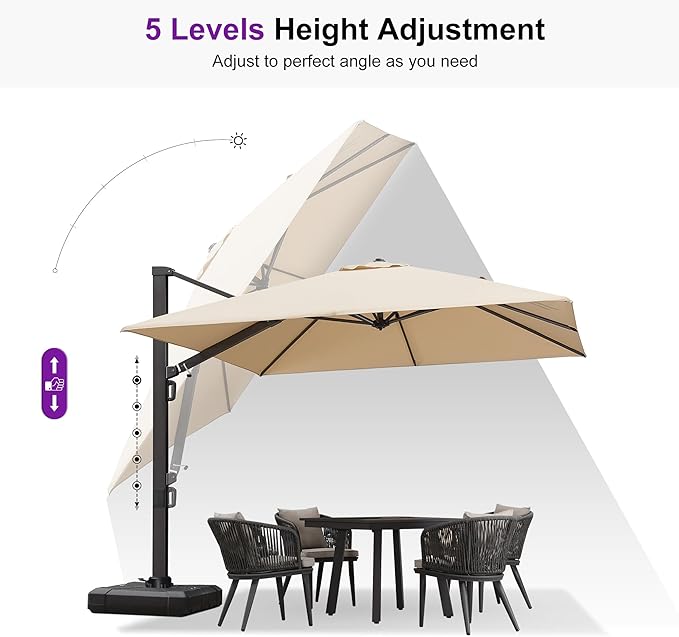 PURPLE LEAF 10 FT Square Patio Umbrella with Wheeled Base Large Cantilever Outdoor Aluminum Umbrella Offset Umbrella with 360-degree Rotation for Garden Deck Backyard Pool Beige