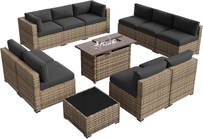 Aoxun Patio Furniture Sets, 12-Piece Outdoor Patio Furniture with 44'' Propane Gas Firepit Table, Wicker Outdoor Conversation Set Sectional Sofa for Backyard, Poolside, Garden