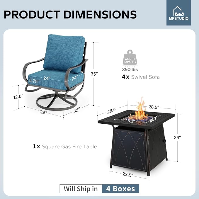 MFSTUDIO 5 Pieces Patio Conversation Sets, Outdoor Metal Furniture Sofas with 1 x 28 Square Propane Gas Fire Pit Table and 4 x Steel Frame Patio Sofa Swivel Chairs with Peacock Blue Cushion