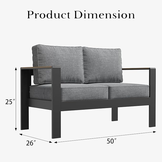 LayinSun Aluminum Outdoor Furniture Set 2 Seat Loveseat, Outside Patio Deep Seating Conversation Set with Upgraded Washable Thick Cushion
