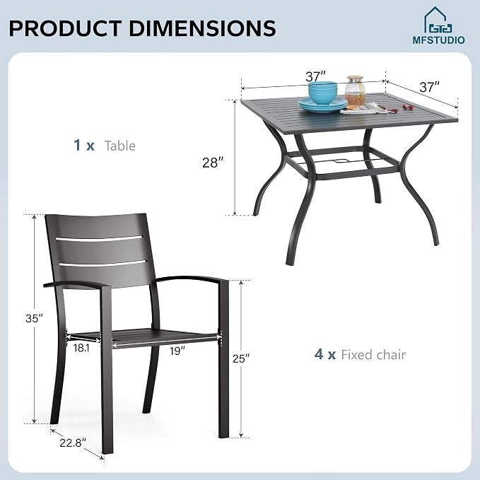 MFSTUDIO Patio Table and Chairs Set of 4, Metal Outdoor Dining Set with Umbrella Hole, 5 Piece Wrought Iron Patio Furniture Dining Set for Deck Backyard Garden