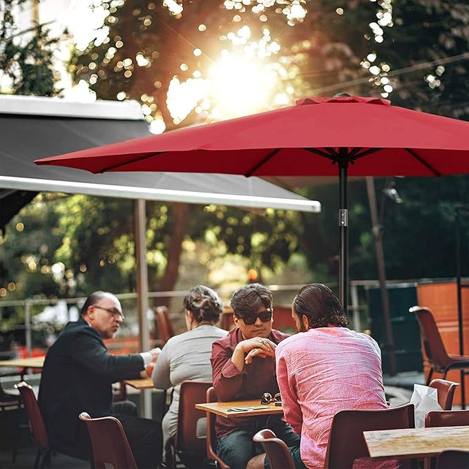 Simple Deluxe LGBRLA9REDBASERV1 9ft Market Table Patio Umbrella with Button Tilt, 8 Sturdy Ribs, 20" Round Water Filled Base Stand Included for Outdoor, Lawn, Garden, Backyard, Pool, Red