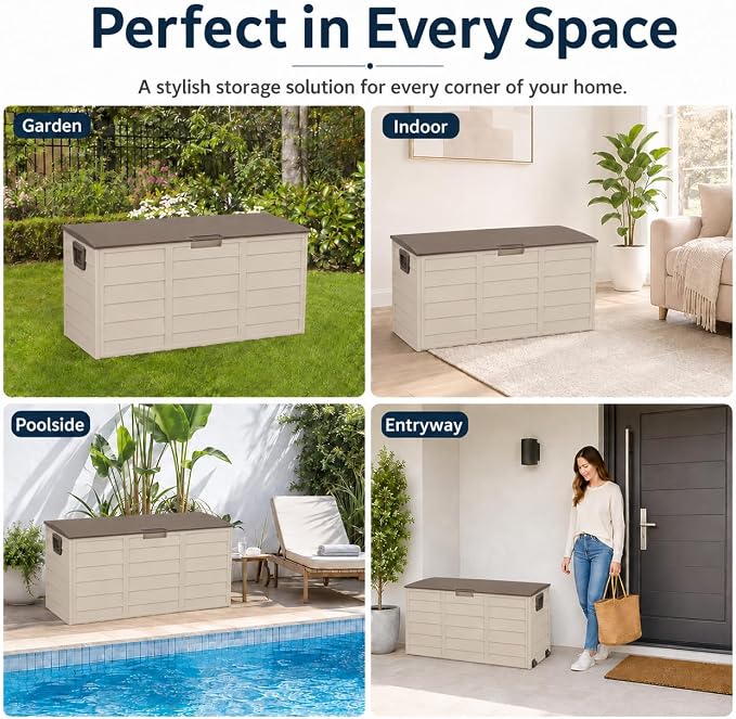 75 Gallon Resin Deck Box, Waterproof Outdoor Storage Box with Wheels, Lockable Lid and Handles, Large Deck Storage for Outdoor Gear, Patio Furniture Cushion, Gardening Tools, Brown