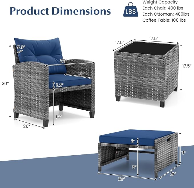 HAPPYGRILL 5-Piece Outdoor PE Rattan Conversation Set, Wicker Patio Furniture Set with Cushion, Ottoman & Coffee Table for Backyard Garden Poolside Lawn Deck Porch (Mix Grey & Navy)