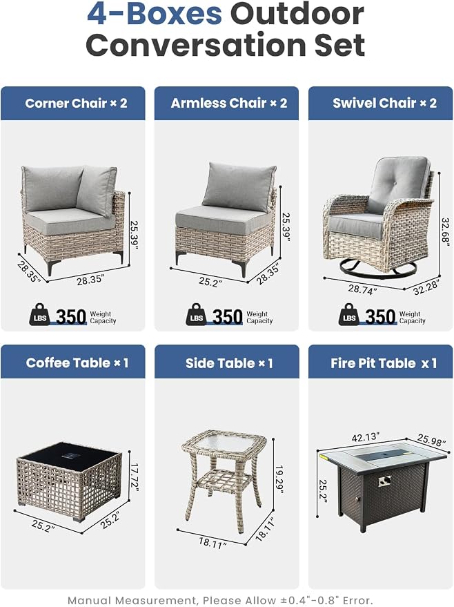 9-Piece Outdoor Patio Furniture Set with Fire Pit Table, Outdoor Conversation Wicker Sofa with Swivel Chairs, Rattan Couch with Coffee Table for Deck, Backyard, Poolside (Dark Grey)