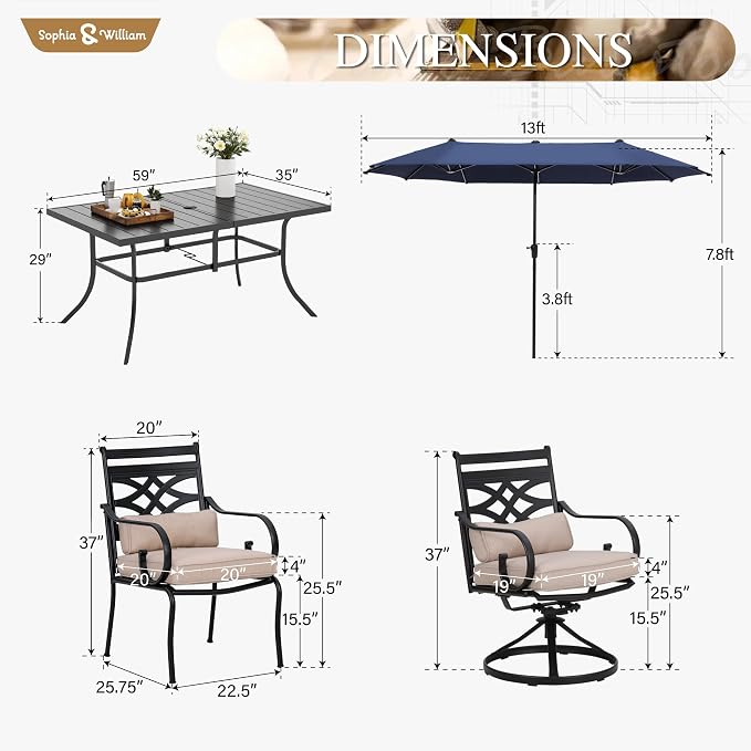 Sophia & William for 6 Patio Dining Chairs Umbrella Swivel Chairs 13ft Blue | 59", Fixed Chairs, Removable Cushions, Metal Frame, Cushions
