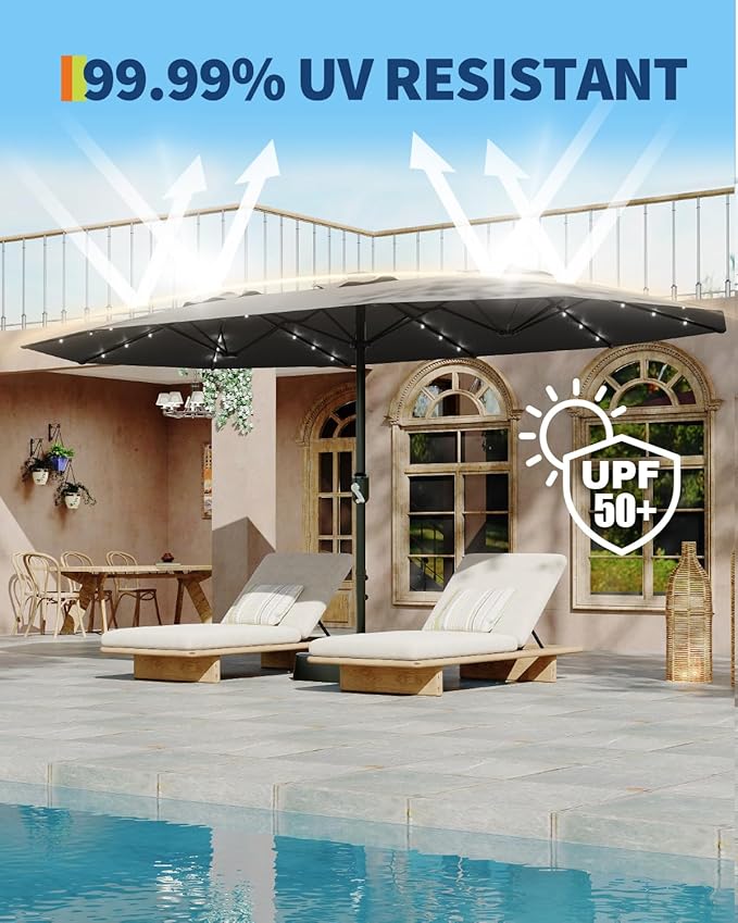 15FT Solar Patio Umbrella with 36 LED Lights, Weighted Base Included, Tilt and Crank Market Umbrella for Backyard, Garden, Deck, Pool, Beach